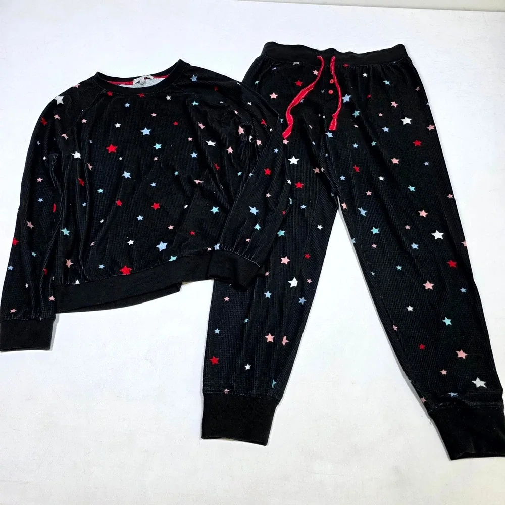 P.J. Salvage Pajama Set Women Sm Black Star Print Waffle Knit Loungewear Jogger